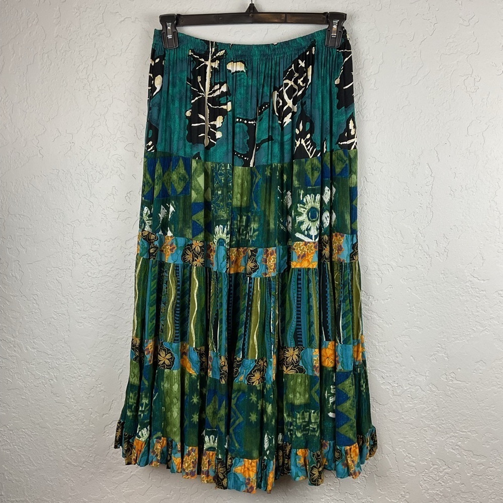 Anna Konya Rayon Tiered Maxi Skirt Green Blue Yellow
